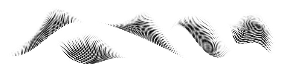 Set of abstract dotted waves. Halftone curved shapes in black color isolated on white background. Curved and twisted gradients forms. Trendy graphic vector illustration.