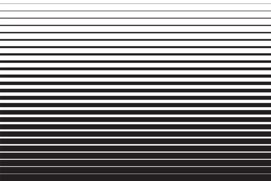Black and white striped halftone gradient lines texture. Fading horizontal stripes gradation background from thin to thick. Halftone parallel lines pattern. Vector illustration.