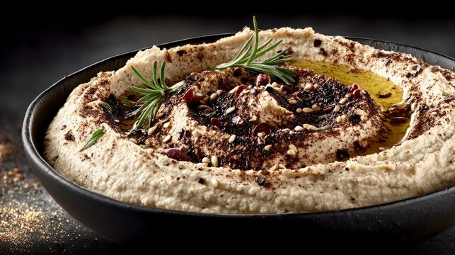 Creamy Hummus Dip  Rosemary  Olive Oil  Za atar  Sesame Seeds  Close up