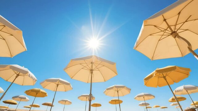 Low-angle video of beach umbrellas under a clear blue sky. Camera tilts up, revealing rows and sun flare. Ideal for travel promos, resort ads, and vacation intros as sunny b roll.