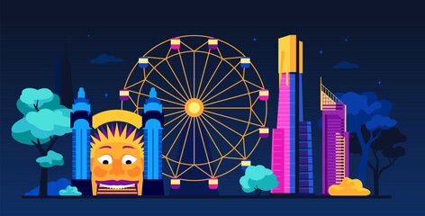 Luna park in the evening - modern colored vector illustration