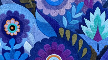 Vibrant Naive Art Pattern Featuring Colorful Floral Elements in Blue Hues