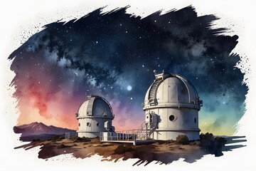 Astrophotography setup at an observatory in watercolor style