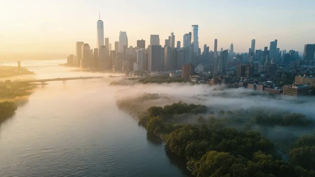 A cinematic top-down drone video of a river winding through a city covered in soft morning fog. Patches of green parkland and shimmering water emerge as mist drifts slowly, with the skyline glowing