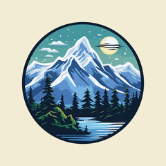 Adventure logo emblem, mountain forest and river at night