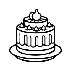 Simple black and white line art illustration of a decorated birthday cake
