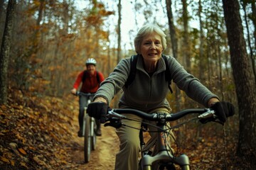 Mountain Biking Fall. Senior Caucasian Couple Cycling Outdoors on Forest Trail