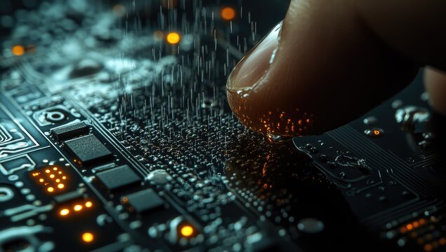 Finger touching circuit board with liquid