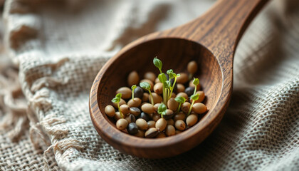 Closeup of aromatic coriander seeds and black peppercorns on a wooden spoon, perfect for seasoning and cooking