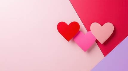 Three colorful hearts on pink and lavender background