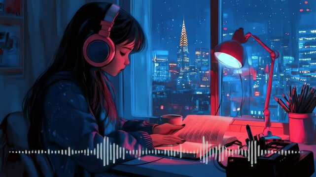 Animestyle girl with headphones studies at desk lit lamp city skyline at night visible through window