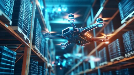 Innovative warehouse management a drone flying in a automated distribution center inspecting the inventory racks using modern technology - Powered by Adobe