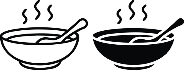 Minimalist Line Art Soup Bowl with Spoon and Steam – Vector Food Icon Illustration