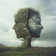 Two faces merge with a tree, nature and people combined