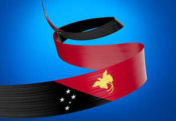 Flag Of Papua New Guinea Shiny Waving Ribbon Flag Isolated On Blue Background 3d Illustration