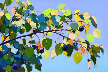 Colorful branch with leaves and fruits against a clear sky