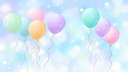 Colorful balloons in pastel shades float against a dreamy blue background, surrounded by sparkling stars and festive ribbons, creating a joyful celebration atmosphere
