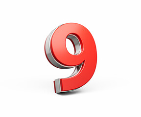 Bold Vibrant Red Number Nine Number 9 With Sleek Metallic Gleam On White Background 3D Illustration