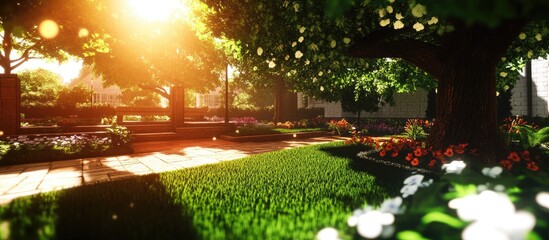 Sunny garden with trees, flowers, and pathway