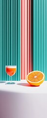 Orange juice and slice on a white surface, backdrop of multicolored vertical stripes