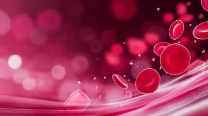 Abstract illustration of red blood cells floating in a vibrant red background, showcasing the intricate details of cellular structures and the dynamic nature of blood flow in a biological context