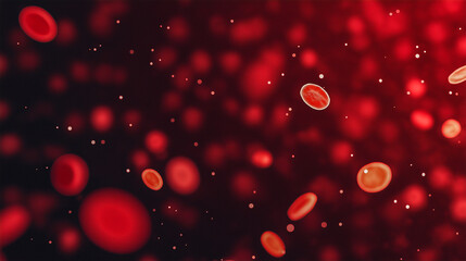 Abstract illustration of red blood cells floating in a vibrant red background, showcasing the intricate details of cellular structures and the dynamic nature of blood flow in a biological context
