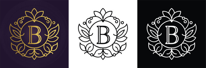 Classic letter B monogram surrounded by a symmetrical floral wreath in gold, black, and white. Ideal for luxury logos, boutique branding, and identity templates.