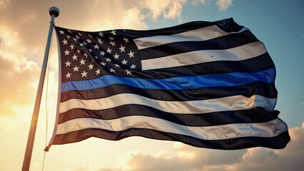 An emotionally powerful and patriotic stock photo featuring the Thin Blue Line Flag of the United States, ideal for law enforcement support campaigns.