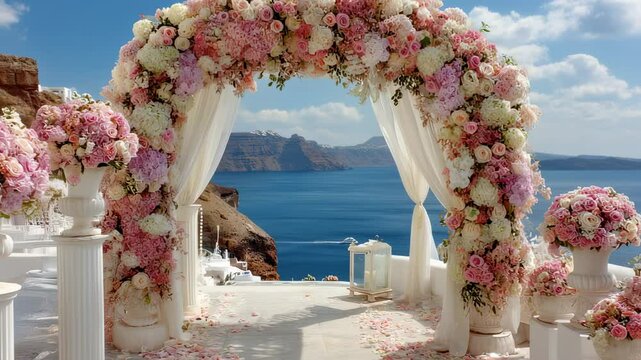 Romantic wedding arch adorned with pink and white flowers overlooking the aegean sea in santorini greece, beautiful destination wedding setup