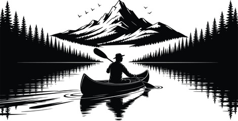 Fototapeta premium Silhouettes of a woman girl and man in a boat on water at sunset with natural landscape and reflections