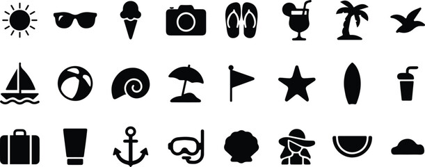 Black summer vacation and beach holiday icon set including sun, drink, flip-flops, starfish, sunglasses, and travel symbols