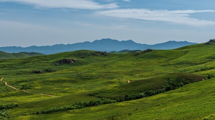 Fototapeta premium The wide-angle lens captures the lush meadows stretching out into the mountains in the distance under a clear sky, a picturesque natural landscape that is perfect for travel media.
