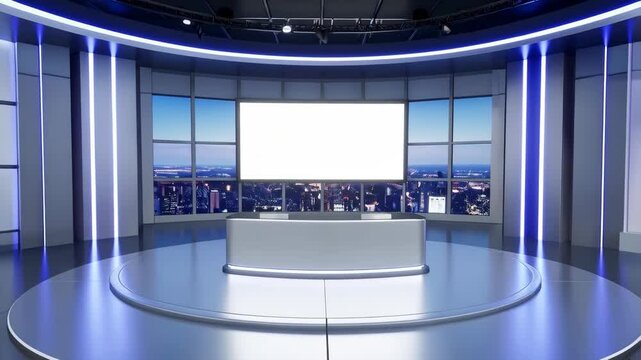 Empty modern television studio backdrop with city view and white screen, news stage setup