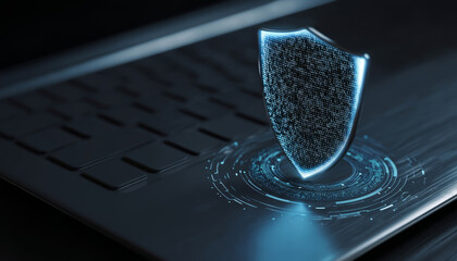 Digital shield icon protecting laptop data in cybersecurity environment