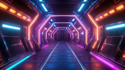 Futuristic neon-lit corridor with vibrant lighting and sleek design