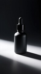 Elegant black dropper bottle illuminated by dramatic lighting for beauty product concepts