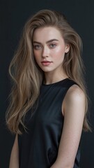 Fototapeta premium A woman with long hair wearing a black top and posing for a picture