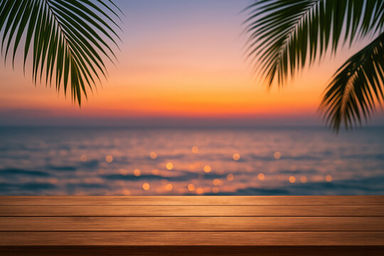 Tropical sunset over ocean with palm leaves and wooden deck in foreground. empty wooden board, copy space - Powered by Adobe
