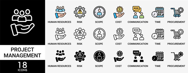PROJECT MANAGEMENT icon set with various styles and colors of scope, human resources, time, communication, quality, cost, procurement, and risk