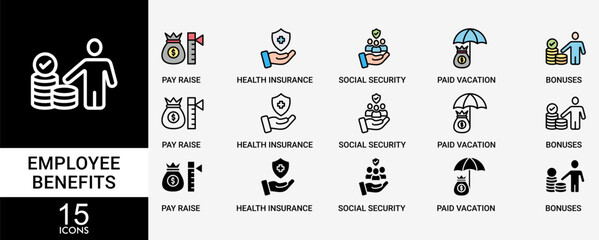 EMPLOYEE BENEFITS icon set with various styles and colors of pay raise, health insurance, social security, paid vacation and bonuses