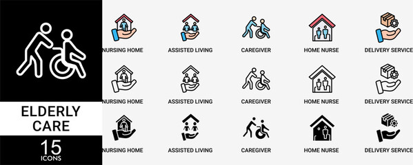 ELDERLY CARE icon set with various styles and colors of caregiver, nursing home, assisted living, home nurse and delivery service