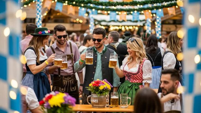 Group of happy young adults, a man and two women, dressed in traditional bavarian clothing, Prost at Oktoberfest beer festival celebration footage.