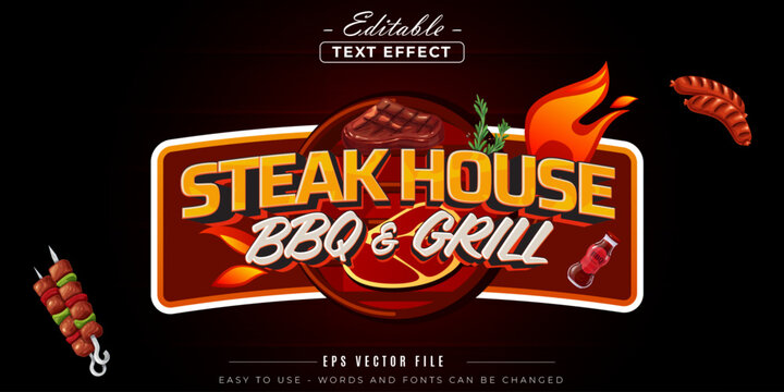 Steak house bbq and grill label, editable text effect.