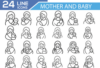 Mothers and Baby Outline Icon Set – Minimal Line Icons for Motherhood, Parenting, and Baby Care