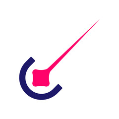  A modern and dynamic logo featuring a dark blue crescent shape partially enclosing a stylized pink comet or arrow pointing upwards and to the right