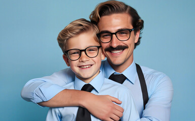 father and son portrait on blue background, father's day