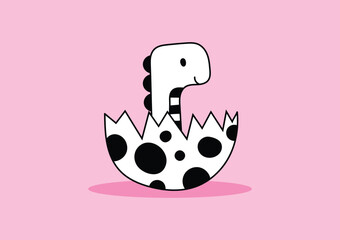 Black and white baby dinosaur in the cracked eggshell on a pink background. Doodle style.