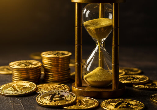 A conceptual image featuring stacks of golden Bitcoin coins surrounding an hourglass with golden sand trickling down. - Powered by Adobe