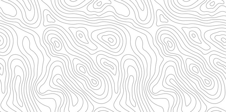 Topographic seamless map pattern with contour lines. Vector mountain texture of organic terrain with geographic elevation design. Hiking trail and tree outlines form tileable nature wallpaper concept.