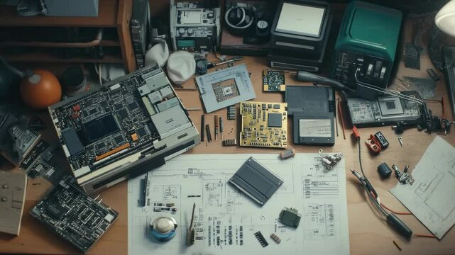 Electronics Workbench: A View of Schematics, Boards, and Components Under Soft Light